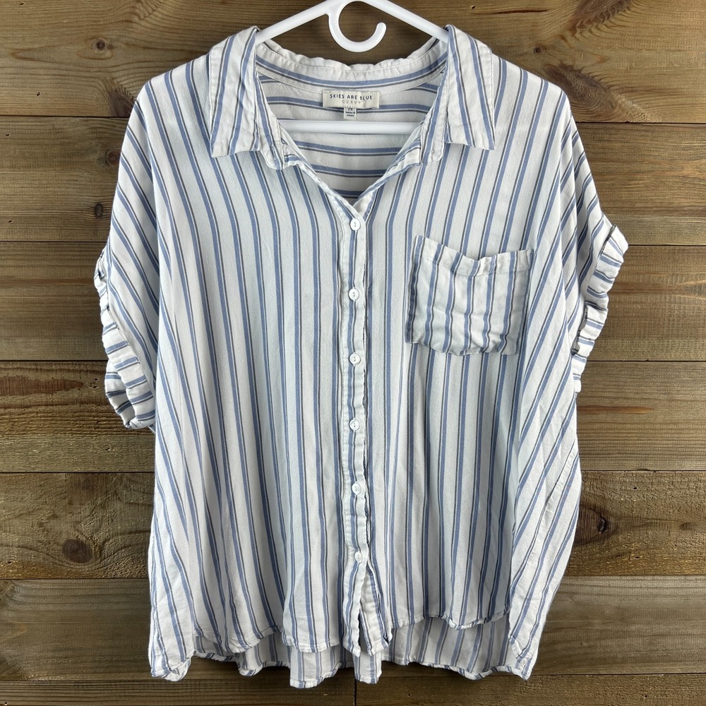 Skies Are Blue Curvy Womens Shirt Cap Sleeve Striped Button Up Rayon Size 2X